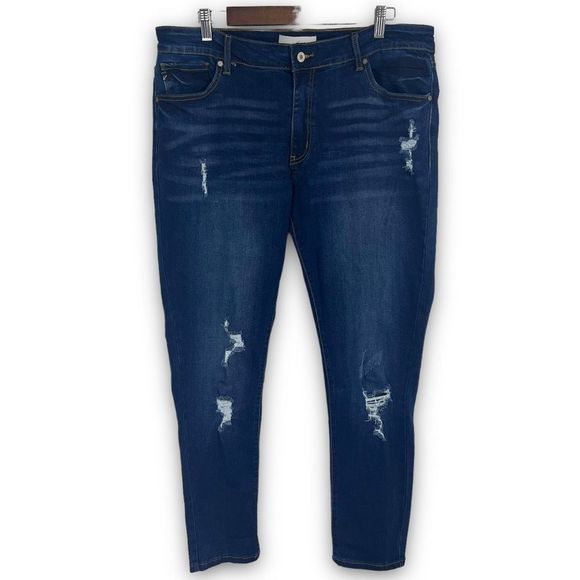Kancan Dark‎ Blue Wash Distressed Skinny Stretch Mid Rise Denim Jeans 2XL - Picture 1 of 14